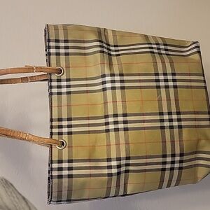 Burberry Plaid Small Tote Bag with Leather Handles